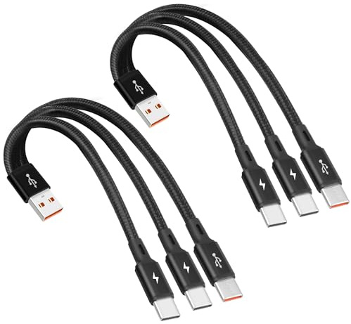 GELRHONR 2-pack multiladdningskabel, 3-i-1 typ C-laddningskabel USB A-kontakt till 3 typ-C-kontakt nylon flätad kabel med 3 x 1,2 m kabel, dataöverföring, för i/Phone 15/15 Pro/15 Plus, S24 S23 (0,2