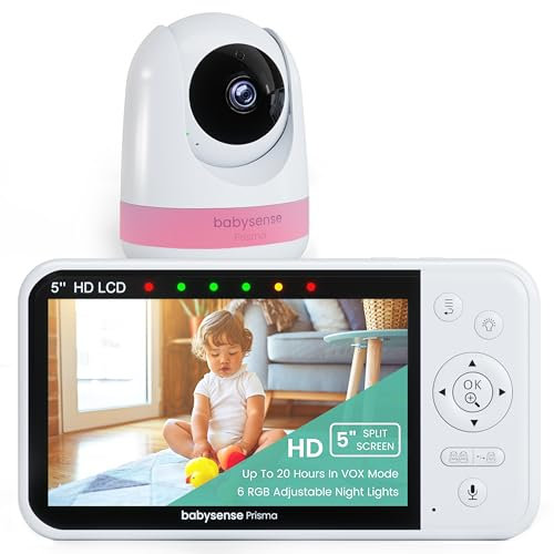 Babysense Prisma Babyphone mit Kamera und Audio, 5 HD-Video-Babyphone, 6-Farben-Nachtlicht, geteilter Bildschirm, Baby-Sound-Maschine mit weißem Rauschen & Schlafliedern, sicher ohne WiFi