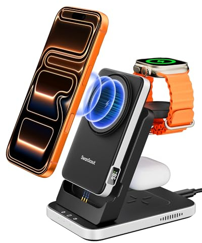 SwanScout Caricatore Wireless per iPhone, 5000mAh Power Bank Compatibile con MagSafe, 3 in 1 Stazione di Ricarica per iPhone Air/17/16/15/14/13/12, per Apple Watch/Airpods, 304M (Nessun Adattatore)