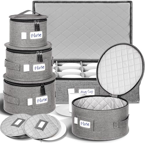 LUXULA China Storage Containers for 12 Place Setting with Two Plate Bags, 5 Pcs Hard Shell Quilted China Storage Cases for Dinner Plates, Salad Plates, Dessert Plates, Saucers, Cups & Mug Storage