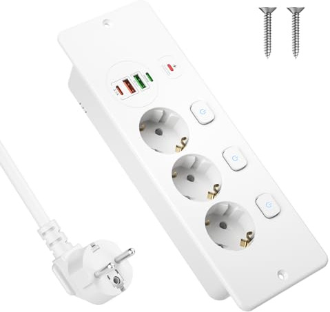 Inbyggt uttag med USB C PD 20 W, 3-vägs grenuttag individuellt omkopplingsbar, bordsuttag med USB C, möbeluttag med överspänningsskydd för kök bordsskiva Home, kontor, 2 m kabel, vit