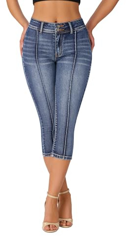 roswear Women’s Capri Pants Trendy Mid Rise Skinny Stretchy Front Seam Denim Jeans Blue Medium