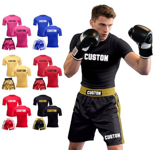 Personalizzata Pantaloncini Muay Thai per Uomo e Donna con Testo Maglietta Boxing uniforme per Arti Marziali MMA Cage Fighting Gym Training (IT, Testo, Taglia unica, Regular, Regular, Adulto)