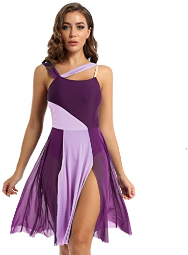 LiiYii Damen Lyrisch Tanzkleid Ärmellose Ballettkleid Eiskunstlauf Kleid mit Tüll Rock Ballerina Kleid Latein Tanzkleid Modern Dance Tanzkleidung Violett L