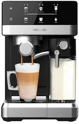 Cecotec Cafetera Express Semiautomática Táctil con Depósito de Leche Power Espresso 20 Touch & Cream. 1350W, Sistema Thermoblock, 20 Bares de Presión, Boquilla Espumadora, Depósito 1,8L, Accesorios