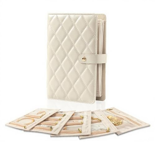 PACIOCEAN Foldable Travel Jewellery Box White, Portable Jewellery Organiser Case with 5 Velvet Pouches for Necklaces, Earrings, Bracelets, Rings, Brooches