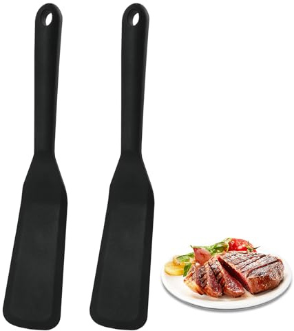 2 Pieza Espátulas de Silicona Antiadherente, Espátulas Silicona Cocina, Espátula de Silicona Plana, Resistente al Calor, para Cocinar Pescado, Pancakes, Huevos y Pizza (Negro) ﻿