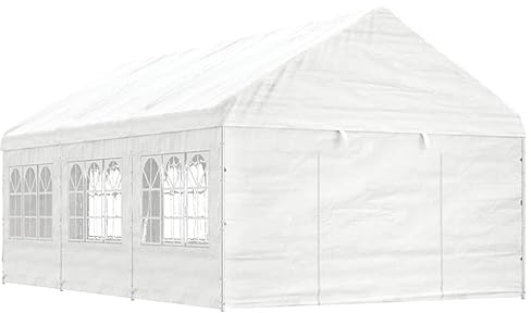 Gazebo da Giardino con Tetto in Polietilene, 8 Pareti Laterali e 2 Entrate, Gazebo Campeggio, Tenda per Feste, per Giardino e Spiaggia, Colore Bianco, 6.69 x 4.08 x 3.22 m
