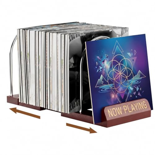 BOTEWO Almacenamiento de discos de vinilo para 30 – 70 LPs: soporte expandible de madera de acero inoxidable, soporte de vinilo Now Playing para álbumes, estantería de vinilo minimalista para el hogar