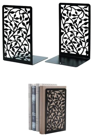 JIRVEX Set di 2 Reggilibri in Metallo Nero Decorativi a Forma di L con Piedini Antiscivolo Design Foglie per Libreria, Libri, CD, DVD, Scuola, Casa, Ufficio