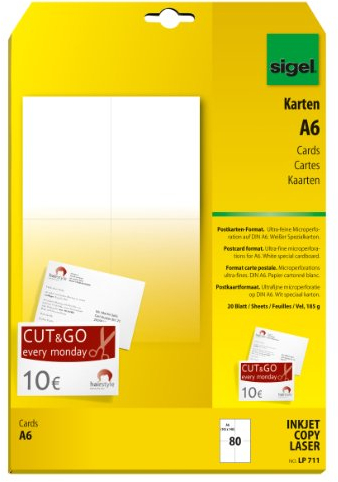 SIGEL LP711 Blanko Karten / Postkarten weiß, A6, beidseitig bedruckbar, 185 g, 80 Stück