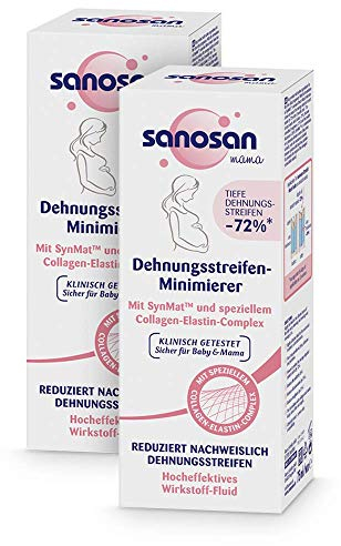 sanosan Dehnungsstreifen Minimierer klinisch getestet - Reduziert Dehnungstreifen nachweislich nach der Schwangerschaft - Dehnungsstreifen Creme ohne Paraffinöl, Farbstoffe, Silikone (2x 75 ml)