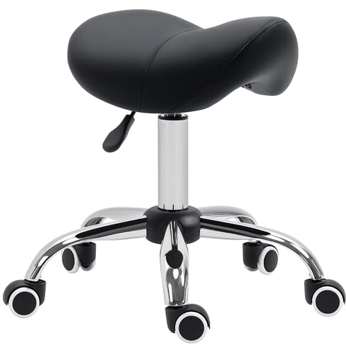 HOMCOM Cosmetic Stool 360° Rotate Height Adjustable Salon Massage Spa Chair Hydraulic Rolling Faux Leather Saddle Stool Mobility, Black
