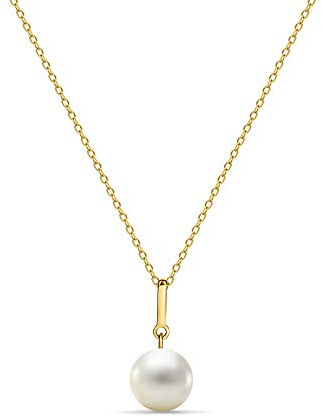 MIORE Schmuck Damen Halskette mit Kettenanhänger runde weiße Süßwasserperle 8.5 mm Kette aus Gelbgold 14 Karat / 585 Gold, Länge Einstellbar 42-45cm
