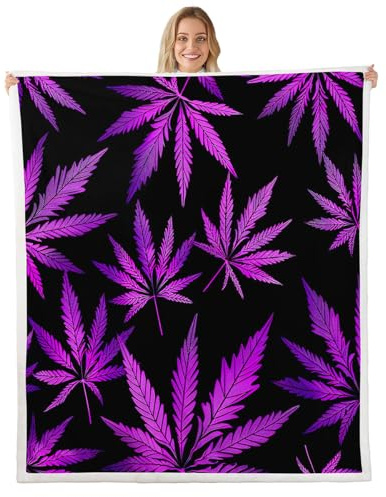 Feelyou Sherpa Marijuana Leaf Botanical Fleece Throw Blanket for Kids Men Women Adults Cannabis Leaves Plush Luxury Purple Hemp Fuzzy Blanket for Sofa Bed Couch Twin 60x80 Inch