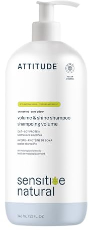 ATTITUDE Hair Shampoo for Sensitive Dry Scalp, EWG Verified, Soothing Oat, For Thin Hair, Naturally Derived Ingredients, Vegan and Plant-Based, Volume and Shine, Unscented, 32 Fl Oz