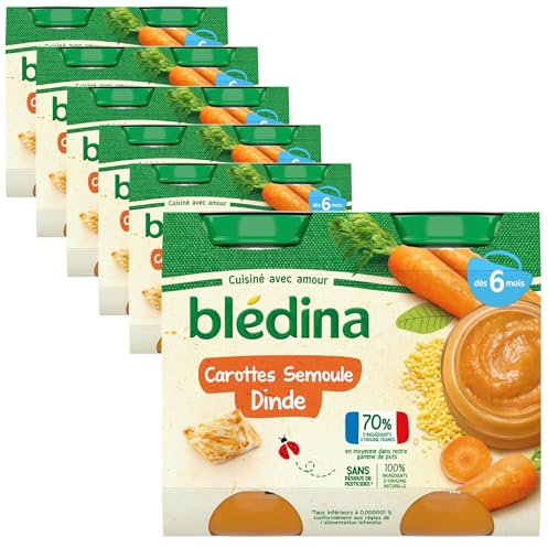 Blédina - Petits pots pour bébé - Carottes Semoule Dinde - 70% d'ingrédients Français - Dès 6 mois - 12 pots de 200g