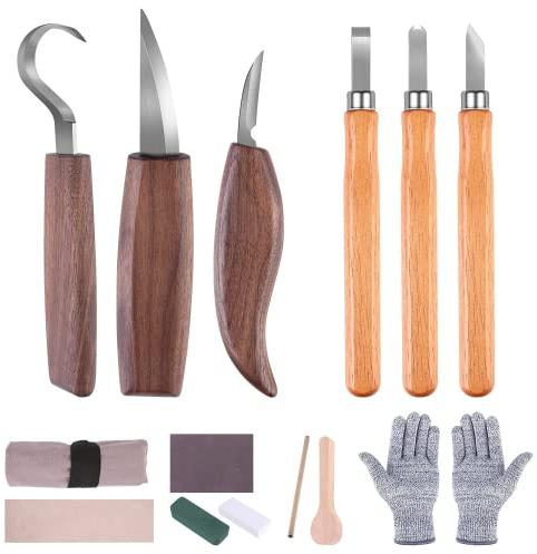 Holz Schnitzwerkzeug Set - 14 STK Schnitzmesser Holz Schnitzen Set mit Schleifstein für Erwachsene Kinder, Carving DIY Schnitzset mit Schnittfeste Handschuhe