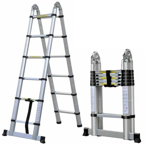 Escalera telescópica Plegable de 1,9 m + 1,9 m, Marco A, 6 + 6 peldaños, Escalera telescópica de Aluminio, Escalera Extensible, portátil, Antideslizante, 150 kg, Capacidad de Carga EN131
