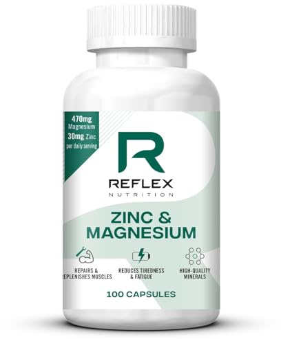 Reflex Näringszink och magnesium – normal muskelfunktion och proteinsyntes stöd – minskar trötthet och trötthet – viktiga mineralmagnesiumtillskott och zinktillskott (100 kapslar, vegansk)