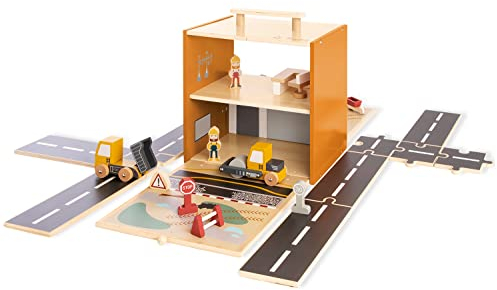 Spielwelt 'Baustelle Gustav' mit 12-TLG. Zubehör von PINOLINO, modulare Umbaumöglichkeiten, Reisespielzeug, inkl. Figuren
