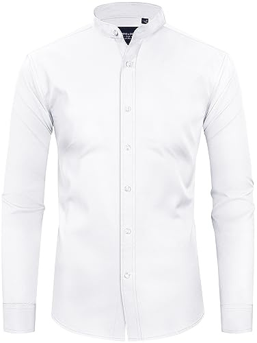Alimens & Gentle Camisas de Vestir con Cuello de Banda para Hombre, sin Arrugas, Manga Larga, Cuello mandarín, Camisa Abotonada, Blanco, Medium