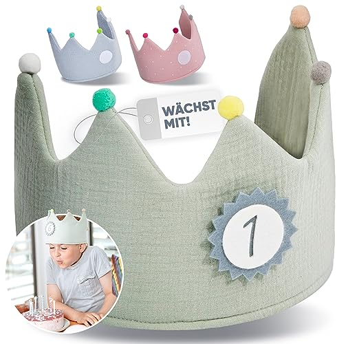 NeLi Geburtstagskrone Mädchen und Junge aus Musselin Krone Party Deko Hut Stoffkrone mit Zahlen von 1 - 9 mit Klett in drei Farben (mint)