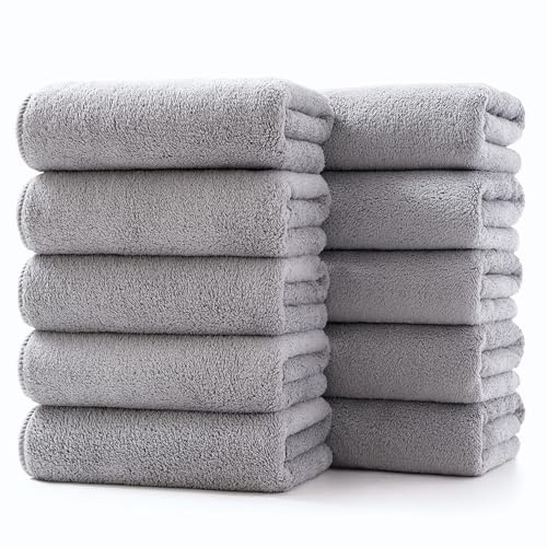 Lumimi Towels 10-Piece Soft Microfiber Hand Towel Set Washcloth Incredibly Absorbent Lightweight Quick Dry and Durable, 29 L x 13 W, 10 Pack Light Grey