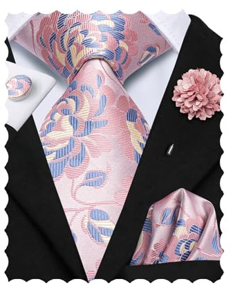 Hi-Tie Men Ties Set Woven Necktie and Lapel Pin Pocket Square Cufflinks Sets Formal Business Wedding,Pink Flower