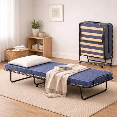 Talamo Italia Letto Pieghevole salvaspazio Rosalba, Brandina con Rete a doghe, Lettino Singolo, 100% Made in Italy, 80x200h40 cm, Materasso Incluso, Blu, 200 cm (Memory)