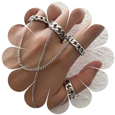 Wendalern Punk Chain Finger Rings Sliver Cuban Link Rings Stackable Knuckle Rings with Tassel Chain Vintage Midi Index Finger Rings Statement Jewelry for Women and Girls