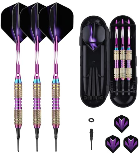 Sanfeng Freccette con punta in plastica, 20 g, con barile in ottone color arcobaleno per bersaglio elettronico, 50 anelli in gomma anti-allentamento, 6 alette standard, 50 punti