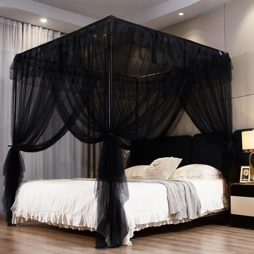 Kertnic Tende a baldacchino nere per ragazze e adulti, per letto matrimoniale king size, pratica zanzariera per letto (king size, 218,4 x 198,1 x 208,3 cm (larghezza x lunghezza x altezza)