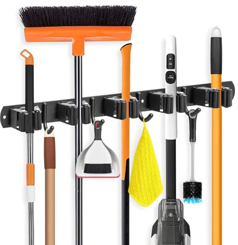 HCWPPW Edelstahl Gerätehalter mit 4 Halterungen und 5 Haken, Selbstklebender Besengerätehalter, Bürstenhalter für Garten und Garage