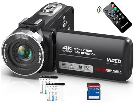 Videokamera 4K Camcorder HD 48MP mit IR Nachtsicht, 18X Digitalzoom 30 FPS Webcam Video Kamera 3.0-Zoll 270° Rotation Touchscreen Vlog Kamera für YouTube mit Fernbedienung, 2 Akkus, 32GB SD-Karte
