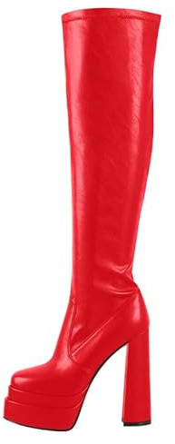 VERISSON Bottes à plateforme à talon bloc - Tige longue - Genou - Talons hauts - Bout carré, Rotpu, 39 EU