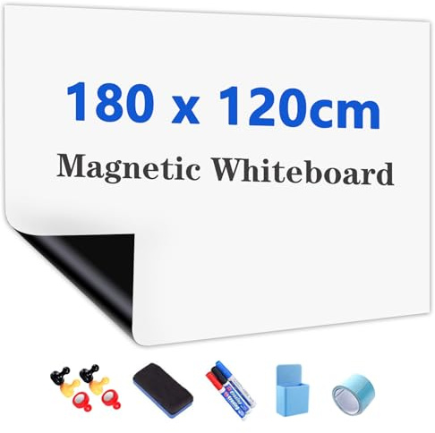 JOMUSAGA Rollo de Pizarra Blanca Magnética, 180 x 120 cm, Papel Pizarra Adhesiva para Pared, Whiteboard adecuado para Escuela, Familia y Oficina, con Rotuladores, Borrador e Imanes