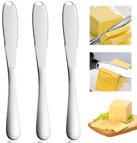 MIRKUZI Coltelli da burro Set di 3 coltelli per formaggio, coltello per burro, set di coltelli per formaggio, coltello per burro multiuso, coltello spalmabile per burro, formaggio e pasticceria