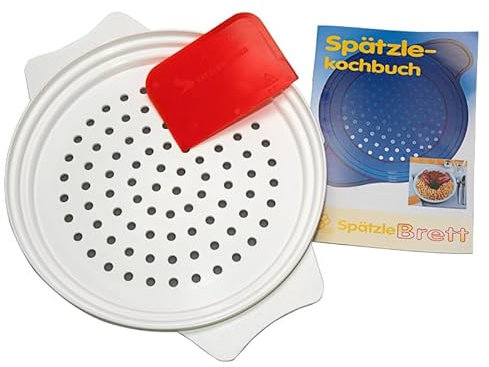 Spätzlesieb mit Schaber, inkl. Rezeptheft für Spätzleteig - die einfache Art Spätzle zu schaben, passt auf alle Töpfe von 20 cm bis 26 cm