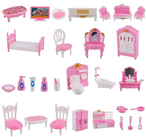 Tinoaly 32uds Set Accesorios Muebles en Miniatura Casa Muñecas, Escala 1:12 Muebles Mini Casa Dormitorio Sala Estar Baño Cocina Pequeños Juguete Juego Imaginativo Mini Escena para Niños Niñas (Rosa)