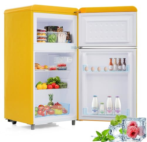Réfrigérateur Rétro, 72 litres, Double porte supérieur et inférieur, avec Volume de Congélateur de 21 litres, Frigo Congelateur Combiné, 120 kWh/an, Mini Fridge de Chambre,Jaune