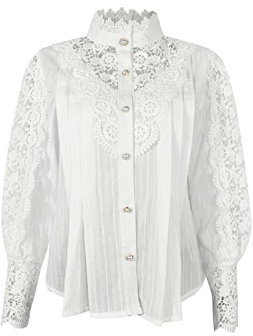 Generisch Bluse Mit Spitzenkragen Damen Damen Winter Damen Kragen Baumwolle Einfarbig Spitze Hohl Langarm Spitzenhemd Lederbluse Damen (White, S)