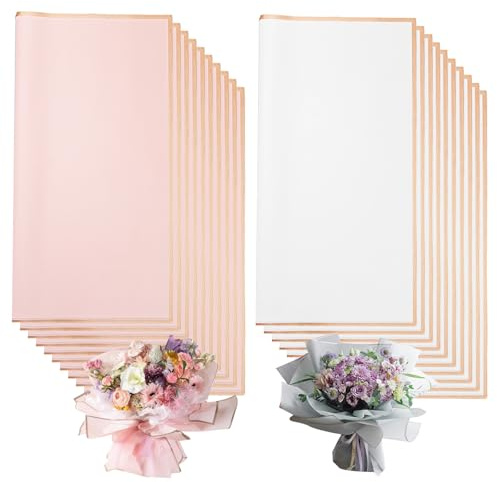 20 Feuilles dePapier Cadeau Bouquet, Papier Bouquet de Fleur, Papier Emballage Fleuriste Blanc et Rose imperméable pour Fleurs, Bricolage (58 x 58 cm)