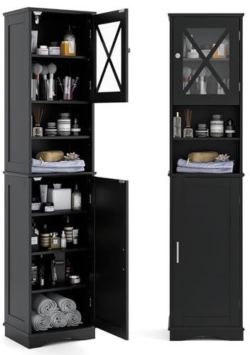 COSTWAY Armoire de Salle de Bain de 170 cm de Haute, Meuble de Rangement, Colonne, 5 Étagères Réglables, Placards à Porte, 2 Compartiments, Gain de Place, 30 x 40 x 170 cm, Noir (Noir,Colonne)