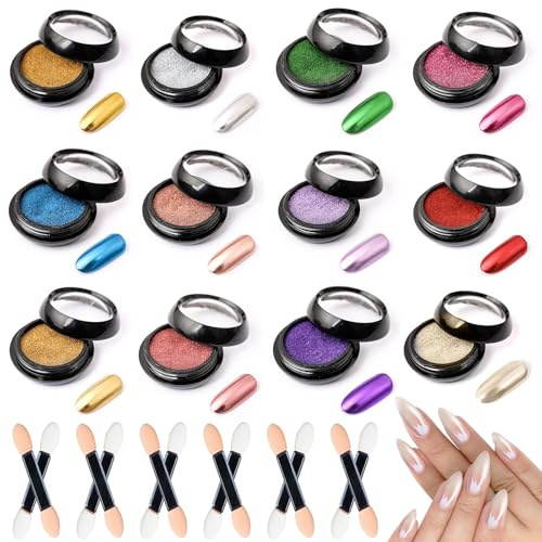 lomdung 12 stycken kromnagelpulver, iridescent Aurora-pulver | Metallspegel krom-pulver, spegelpulver metallpulver, superspegeleffekt, delikat och smidigt, för nagelkonst nageldesign