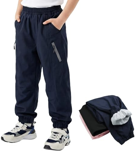Domueay Boys Waterproof Trousers Windproof Outdoor Trekking Rain Pants Mesh Lined Elasticated Waistband Pockets with Reflective Strips Joggers Kids Hiking Sportswear Age 7-8 Years, Navy