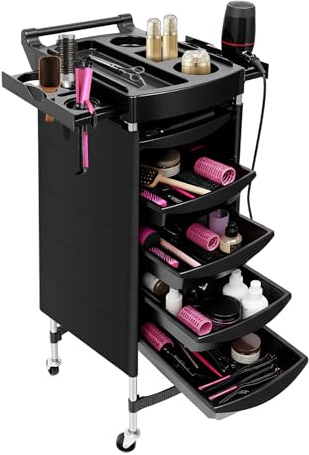 MEHOOSPVN Chariot de salon avec 5 tiroirs extensibles pour coiffeur, coiffeur, cosmétique, 52 x 45 x 90 cm, noir