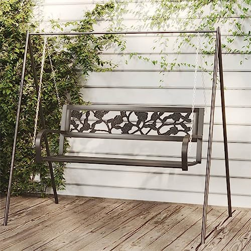 YunCangg Hollywoodgunga 125 cm stål och plast svart med kedjor, väderbeständig för trädgård, terrass, balkongbänk med ryggstöd och breda armstöd, robust sittbänk för utomhus och trädgård