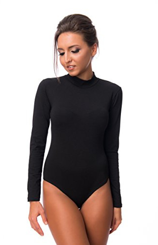 Evoni Damen Body langarm I blickdichter Bodysuit mit Halbkragen für Frauen I Langarmbody aus Baumwolle I Women Body Shaper I Jumpsuit XXL Schwarz