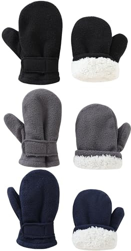 Baby Toddler Mittens Boys Girls Winter Outdoor Gloves Kids Easy-On Fleece Warm Mitterns Black Gray Navy 3 Pairs M（1-2 years）